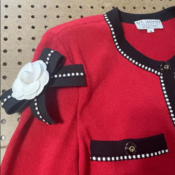St John Marie Gray 2pc Blazer Skirt Set Womens Size 14 Red USA Buttons STUNNING - Picture 11 of 15